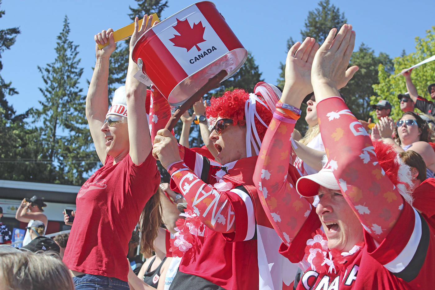 Fans cheer on Canada’s women’s sevens team in the quarterfinal match against the USA at Westhills Stadium in Langford Sunday. Canada lost 28-26 to the USA. (Kendra Wong/News Gazette staff)