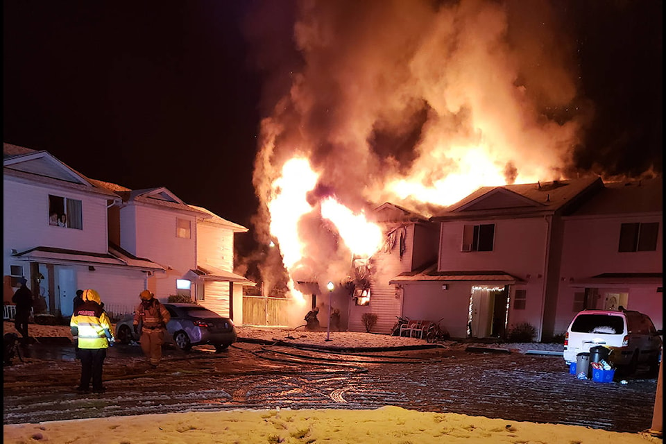 A fire destroyed several units at a housing complex on Auchinachie Road Tuesday night. (Damian Joulie photo)