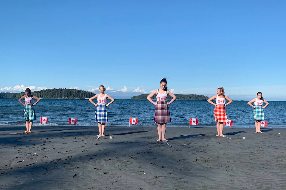 Highland dancers from Port Hardy dance in the Hebridean Challenge for Canada. L-R Emma Harrison, Jerzie Cheetham, Emily Walker, Xandryn Frost and Madison Grenier. (Natasha Griffiths photo)