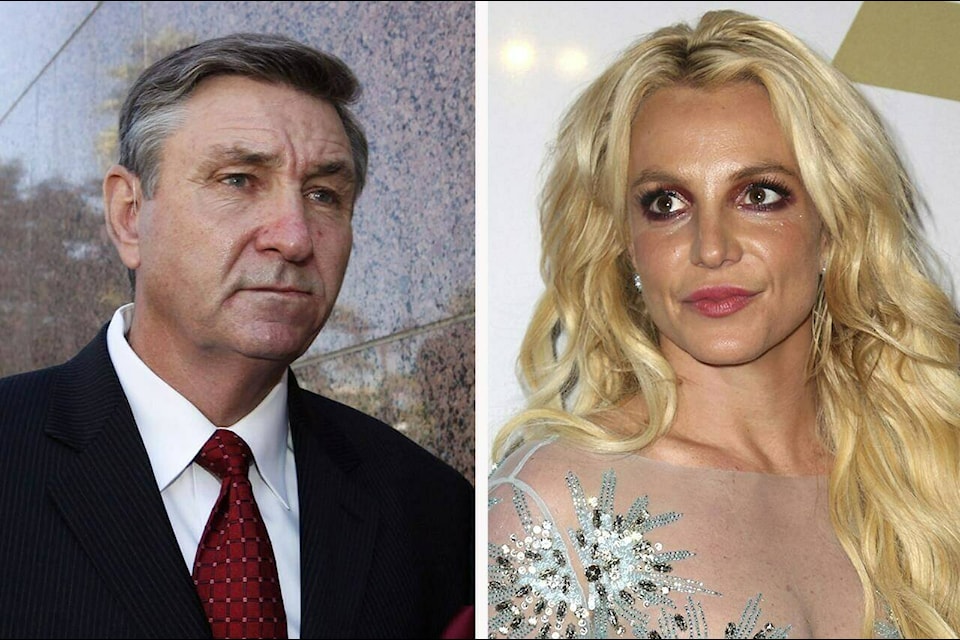 This combination photo shows Jamie Spears, left, father of Britney Spears, as he leaves the Stanley Mosk Courthouse on Oct. 24, 2012, in Los Angeles and Britney Spears at the Clive Davis and The Recording Academy Pre-Grammy Gala on Feb. 11, 2017, in Beverly Hills, Calif.. Britney Spears’ father agreed Thursday, Aug. 12, 2021, to step down from the conservatorship that has controlled her life and money for 13 years, according to reports. Several outlets including celebrity website TMZ and CNN reported that James Spears filed legal documents saying that while there are no grounds for his removal, he will step down. (AP Photo)