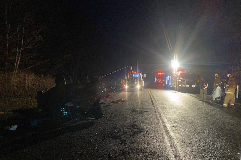 The late Saturday night motor vehicle incident on Highway 19. (Port Hardy Fire Rescue photo)