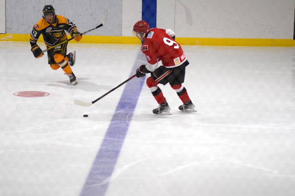 Alberni Valley Bulldogs forward Ethan Bono scored a goal against the Powell River Kings on Sunday in his hometown of Port McNeill at the Chilton Regional Arena. (Tyson Whitney - North Island Gazette)