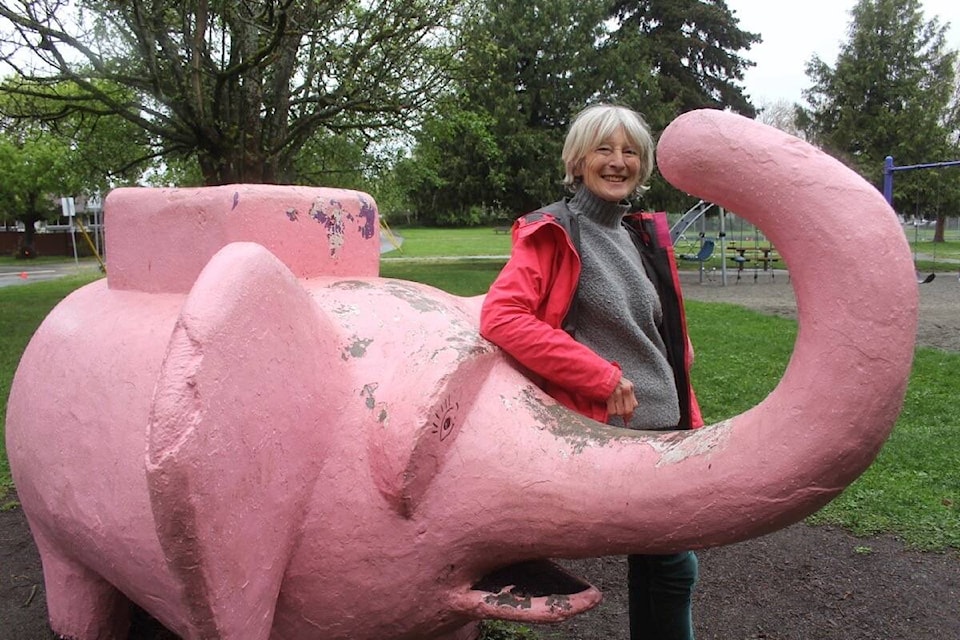 Susan Haddon of the Quadra Cedar Hill Community Association happily reports that Rutley will remain in ‘pink elephant park’ after park upgrades that include a new playground, splash park and restroom building. (Christine van Reeuwyk/News Staff)