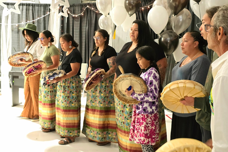 Simpcw First Nation Drummers on June 14, 2024 during the Barriere Secondary Grad ceremonies at the Curling Rink in the North Thompson Fall Fair grounds. The drummers performed a powerful honour song, inspiring tears from many in attendance. 