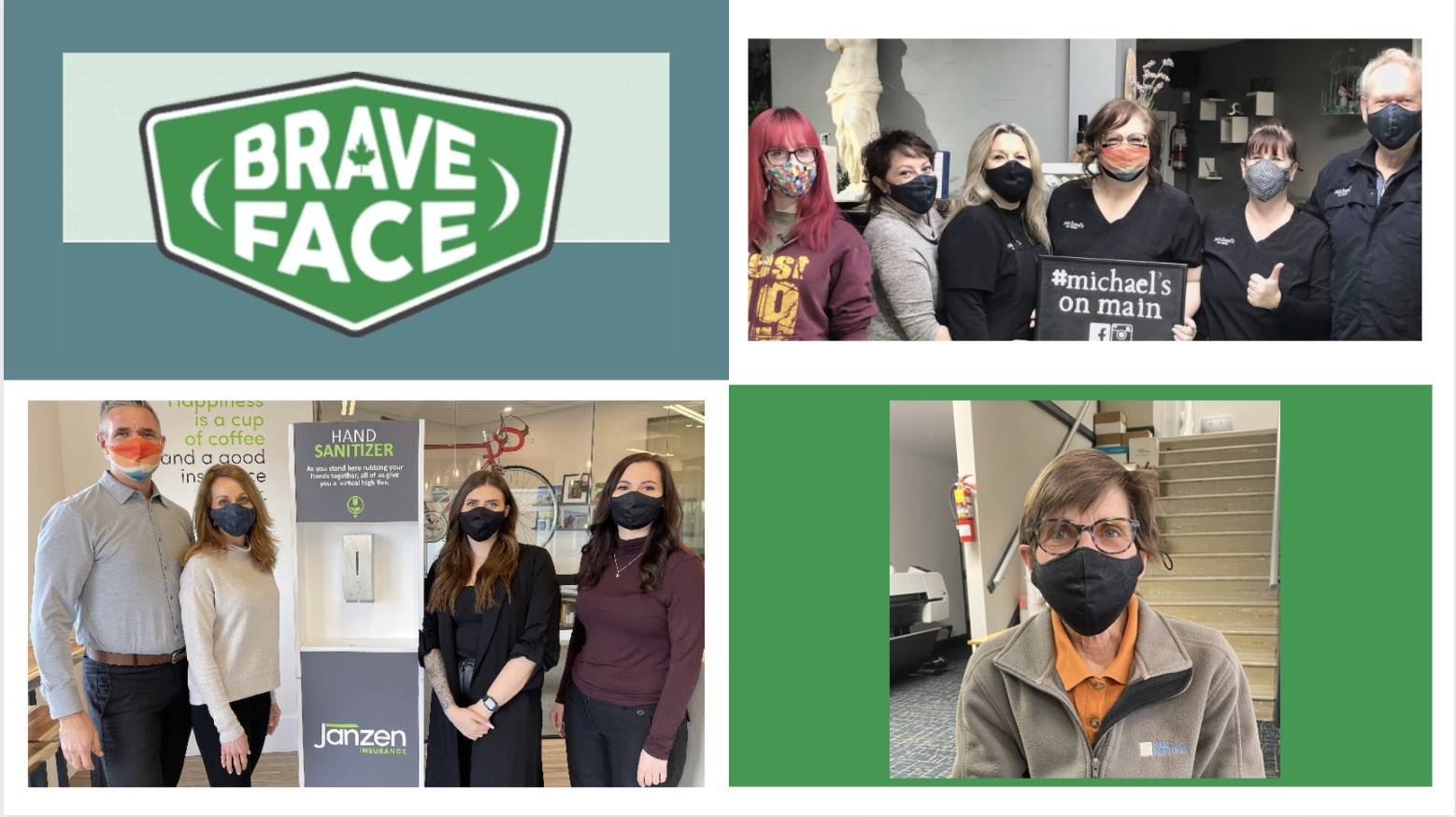 Dozens of local businesses from B.C., Alberta, and Yukon purchased masks to contribute to the campaign.Bottom left: Janzen Insurance Photo via Andrew Janzen, Bottom right: Hall Printing Photo via: Janice Underwood, Top right: Michaels on Main Photo via: Chris Franklin.
