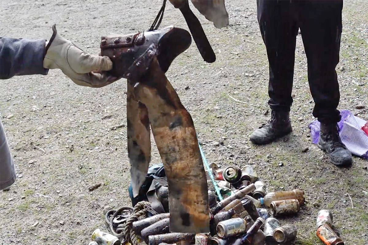 This knee brace that was removed from Cultus Lake was part of the 470 pounds of trash four members with Divers for Cleaner Lakes and Oceans hauled out March 28 and 29, 2021. (YouTube/Henry Wang)