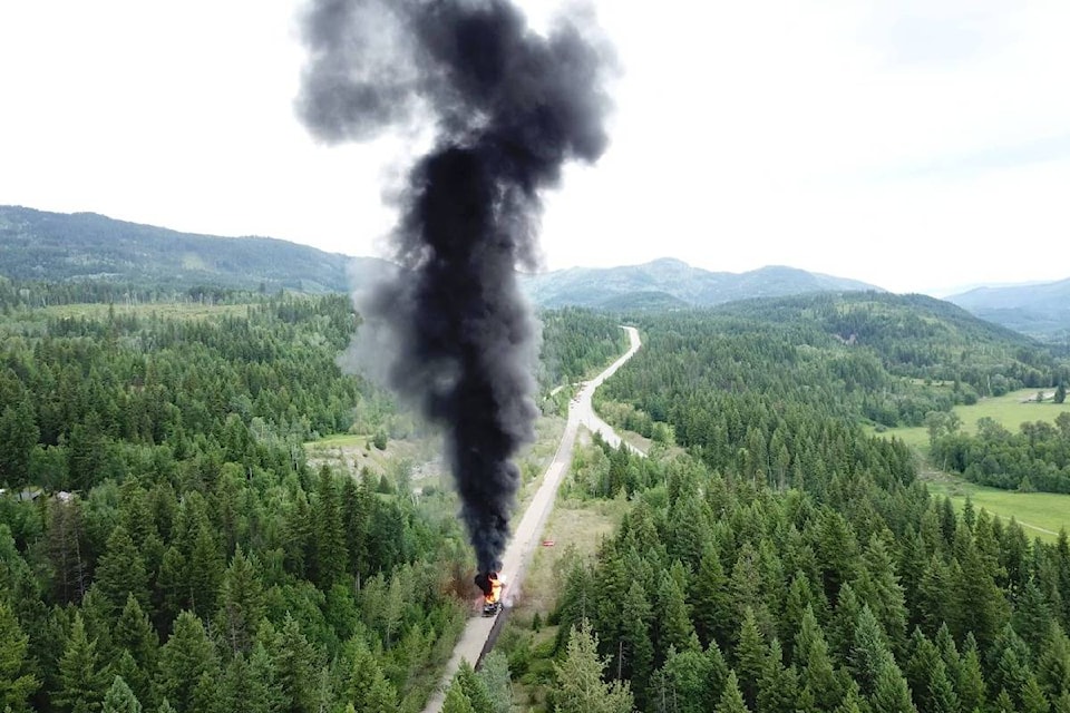 This bird’s eye view shows the tanker truck fire on Highway 24. (Photo taken by Kurtis Rainer)