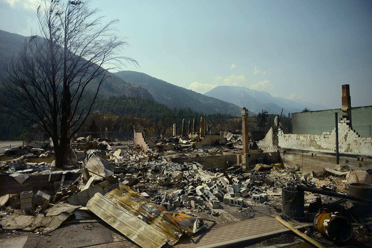 A row of properties in the Village of Lytton, B.C. on Friday, July 9, 2021 following a massive wildfire that tore through the town destroying 90 per cent of it. (Jenna Hauck/ ronaldomanosa)