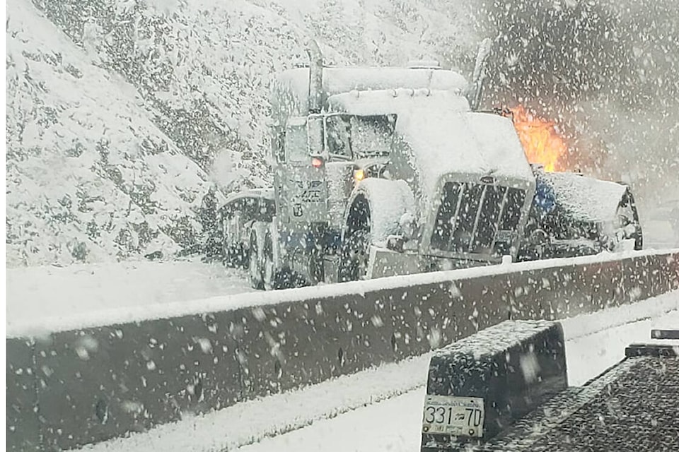 Multiple vehicles are involved in a crash that closed the Coquihalla Highway in both directions on Friday (Oct. 29) morning. (Photo/Denise Hendry)