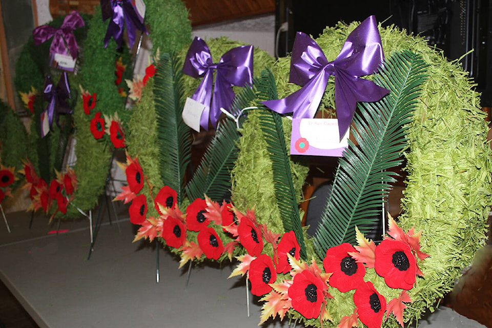 Wreaths in memories of those who have served are shown waiting to be placed on the Barriere Legion cenotaph during Nov. 11, 2021, Remembrance Day Ceremonies. (Jill Hayward photo)
