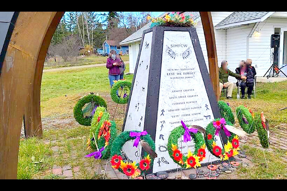 The Simpcw First Nation cenotaph outside the Simpcw Spiritual Centre in Chu Chua on Remembrance Day 2021. (Allison Green photo)
