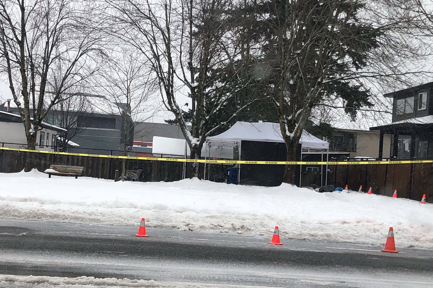 Abbotsford Police were at Peardonville Park (southwest corner of Clearbrook and Peardonville roads) on the morning of Saturday, Jan. 8, 2022 where a man was found with stab wounds. (John Morrow/ Abbotsford News)
