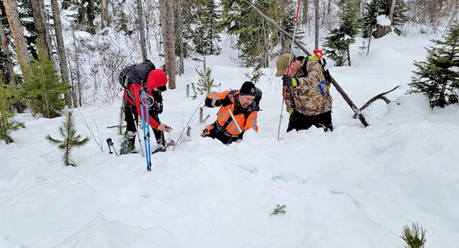 Barriere Search and Rescue member Marc Tremblay (center) is shown in this photo taking part in an Avalanche Canada’s “Avalanche Skills Training” (AST1) course put on by Colwest Alpine Adventures the weekend of Jan. 15-16. (KSAR photo)
