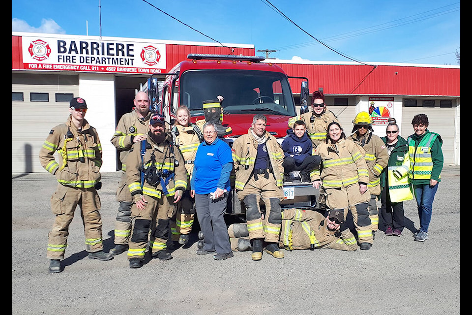 The annual Barriere Firefighters Association Walk took place on Sunday, April 10, in the community of Barriere. Pictured are the firefighters and supporters just before the 10 km trek around the community moved out from the fire hall. Pictured (l-r); Drake Parent, Tom Jackson, Jesse Neifer (McLure Fire), Alexis Hovenkamp, Barriere and Area Food Bank Society President Doris Bruno, Richard Abbott, Theo Jackson, Jonathan Baggio, Cheryl Ewert, Ashley Wohlgemuth, Dani Rolle, and Barriere First Responders Sheila Sutton and Azriel Kowtek. (Jill Hayward photo)