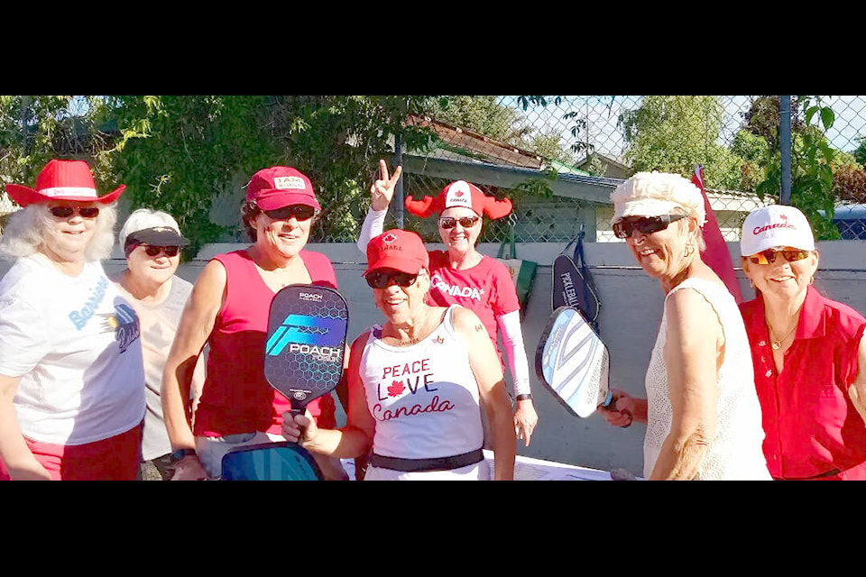 Numerous pickleball enthusiasts turned out July 1 at the courts in Barriere to participate in the first annual Canada Day Pickleball Challenge hosted by the Barriere Outdoor Club and Pickleball Club. Pictured are (l-r) Cathy McNeil, Zelda Copley, Karen Smith, Sue Syfchuck, Louise Lodge, Trina Gregson, and Connie Sobchack. (Tracy Sealy photo)