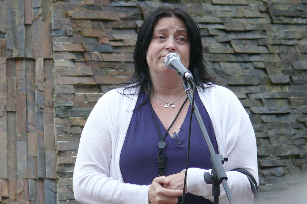 Heather Hogarth told a Wednesday night (Aug. 3) vigil in Langley City for victims of last weeks shooting spree that her homeless son has been shot two times in one year, and survived. Ive been lucky, twice, is how she put it. (Dan Ferguson/Langley Advance Times)