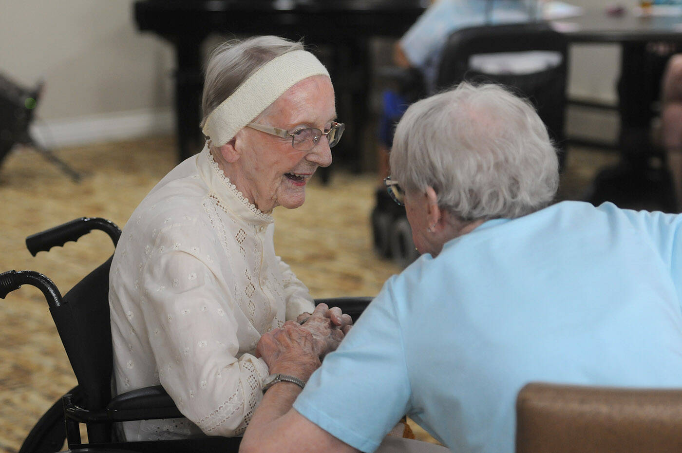 Hedy Sutulov celebrates her 108th birthday with her friends on Aug. 10, 2022 at Chartwell Birchwood Retirement Residence where she lives. She turned 108 on Aug. 18, 2022. (Jenna Hauck/ Chilliwack Progress)