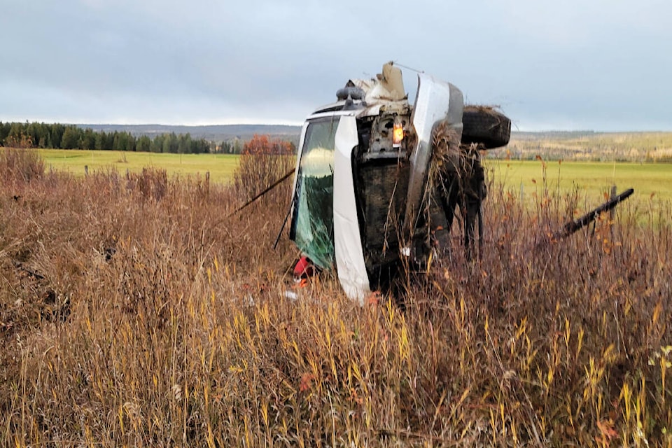 In the end, three suspects were arrested following a crime spree that stretched from Quesnel to Williams Lake and points in between on Monday morning, Oct. 24. Some of the damaged included a stolen truck that was rolled several times. (Photo submitted)
