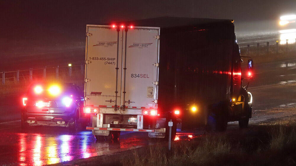 A pedestrian died after being struck by more than one vehicle on Highway 1 in Chilliwack on Thursday, Oct. 27, 2022. (Shane MacKichan)