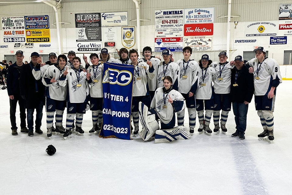 Clearwater IceHawks, back left to front right: coach Scott MacDonald, coach Ole Kjenstad, Dominic Mutch, Devin Holland, Ryder McGravey, Austin White, Soren Coates, Michael Shook, Allister Roy, Owen Sim, Tyler MacDonald, Jackson Graffunder, Ethan Smith, Jaden Phillips, Chays York, coach Hans Wadlegger, Lars Dowker and Finn Earle. (Tera Carter/Clearwater District Minor Hockey Association.)