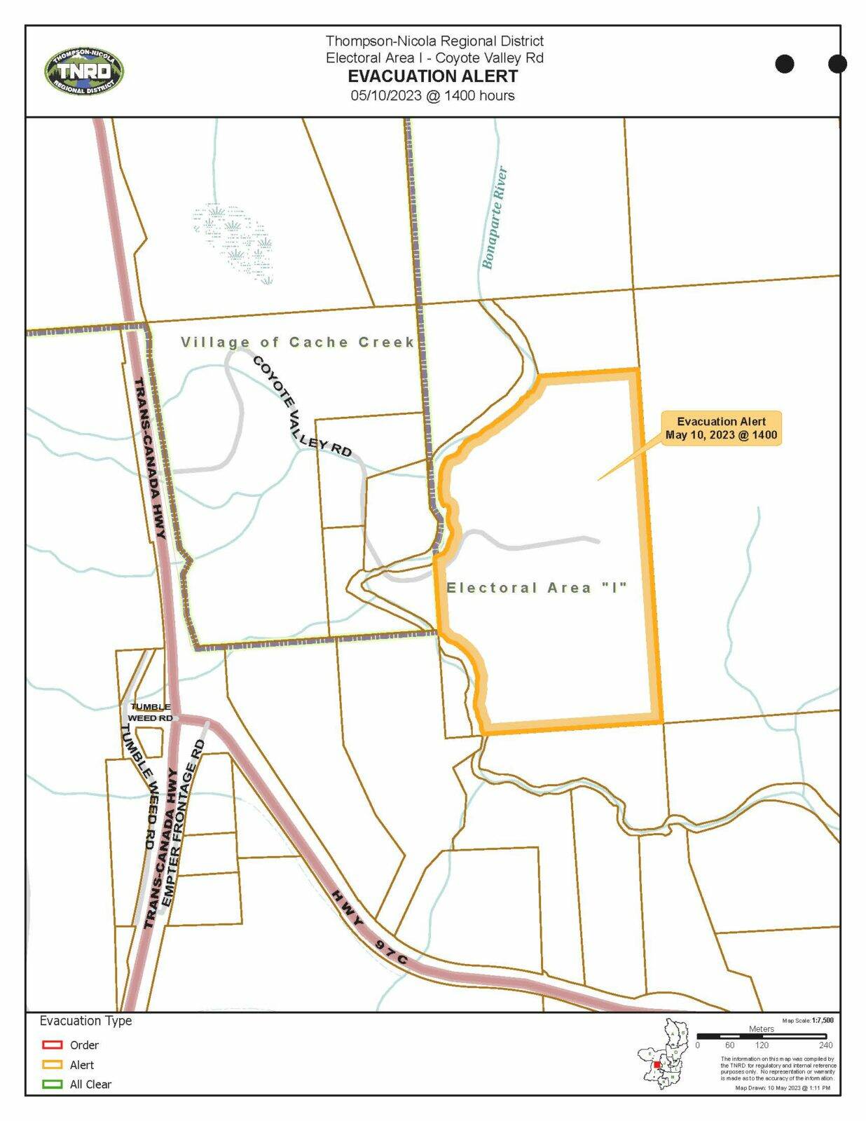 A current flooding event in Electoral Area “I” (Blue Sky Country”) poses a threat to life and property for one address at 1400 Coyote Valley Road, as well as other areas in area “I”.