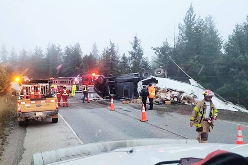 Emergency responders attend the scene of a motor vehicle incident near Vavenby Oct. 11 on Highway 5. (Image courtesy of Skilled Truckers Canada)