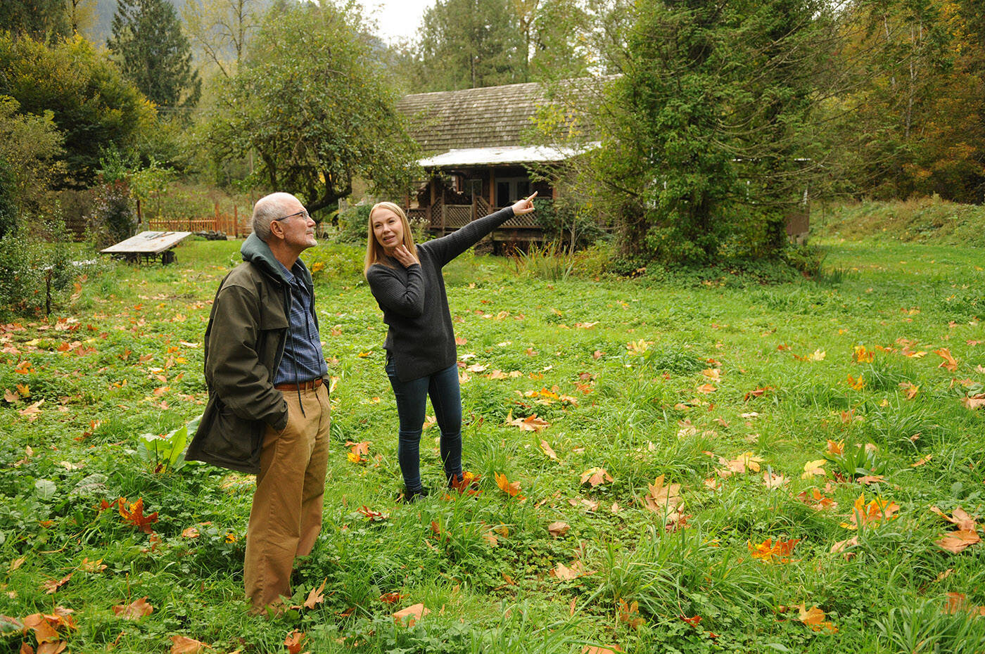 Chilliwack River Valley residents Richard Holmes and Wendy Hornberg stand on Hornbergs property on Oct. 17, 2023. After nearly two years, they and other Chilliwack River Valley residents are still without resolution after their homes were deemed unsafe to live in, or destroyed, in the floods and mudslides in November 2021. (Jenna Hauck/ Chilliwack Progress)