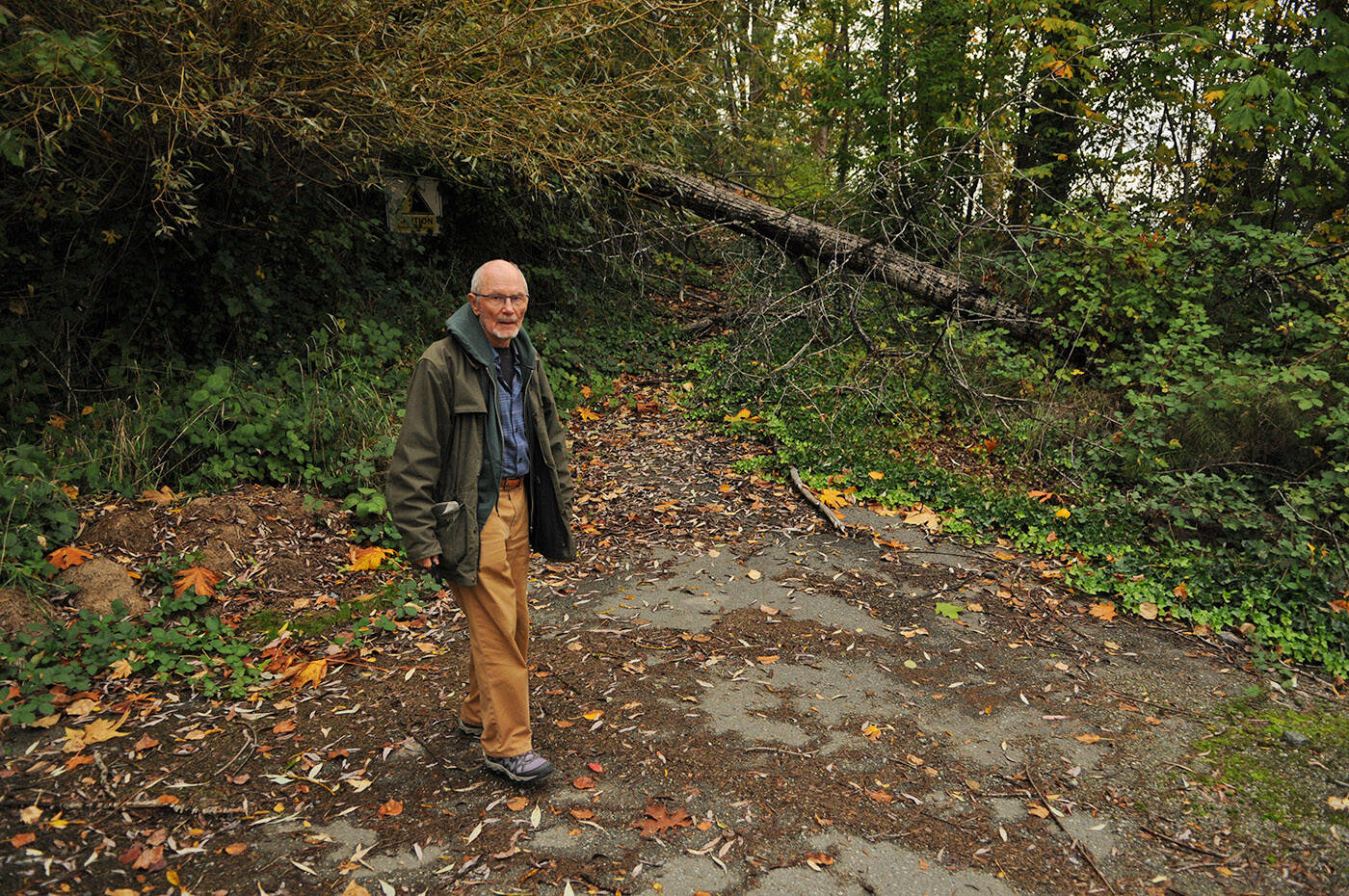 Richard Holmes stands at the end of his driveway blocked by trees and debris on Oct. 17, 2023. After nearly two years, he and other Chilliwack River Valley residents are still without resolution after their homes were deemed unsafe to live in, or destroyed, in the floods and mudslides in November 2021. (Jenna Hauck/ Chilliwack Progress)