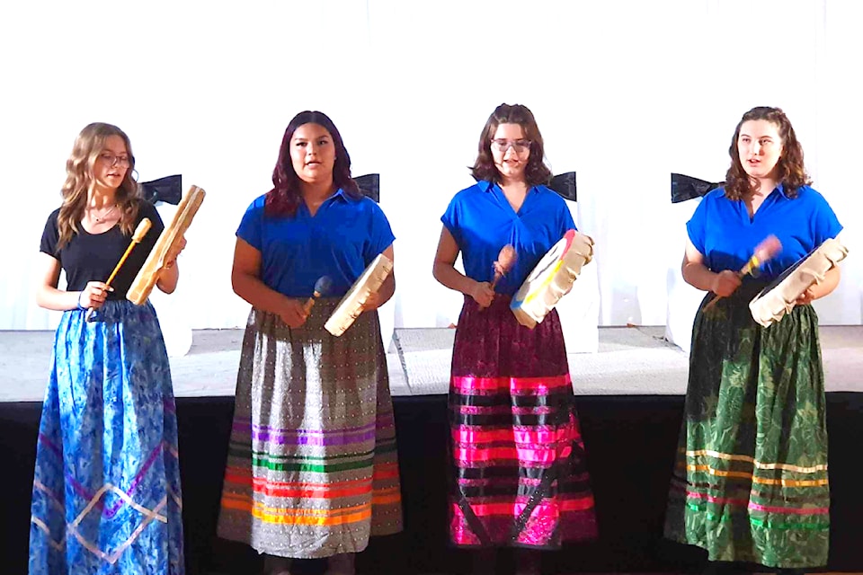 The NTFFR Ambassadors, wearing the ribbon skirts they created, welcomed guests to the Ambassador Coronation on Aug. 24 with the traditional Secwepemc Mountain song. 