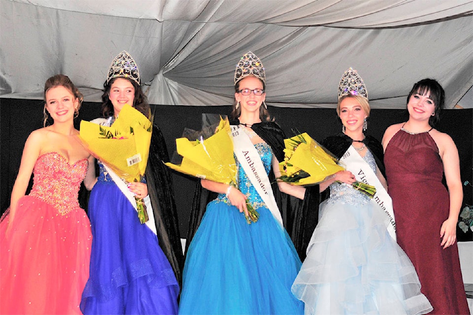Congratulations to the North Thompson Fall Fair and Rodeo Association’s newly crowned 2018-2019 Ambassador Taylor Johnson (center), Vice-Ambassador Aurora Sabyan (left), and Vice-Ambassador Daphne Dodd (right), who received their tiaras Aug. 18, at the Coronation Ceremonies in the Fall Fair Hall, Barriere. Also pictured is outgoing Ambassador Emma Hamblin (far left) and Vice-Ambassador Payden Irving (far right) who represented the Association famously through their 2017-2018 term.
