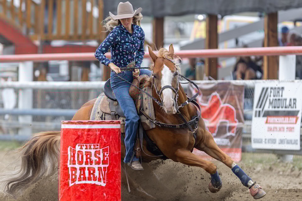 Lyla Maier of Savona had the fastest time on Sept. 2 for the finals in the Ladies' Barrels at the BCRA Polaris Championships.