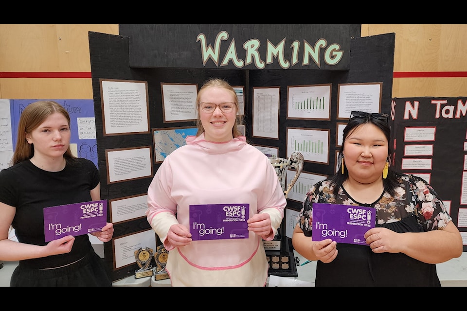 Kivalliq Regional Science Fair participants, from left, Ivalu Leishman-Brocklebank and Kayalaaq Leishman-Brocklebank, of Chesterfield Inlet, and Millie Aaruaq, of Baker Lake, will represent the Kivalliq at the 2025 Canada-Wide Science Fair from May 31-June 7 at the University of New Brunswick in Fredericton, NB.