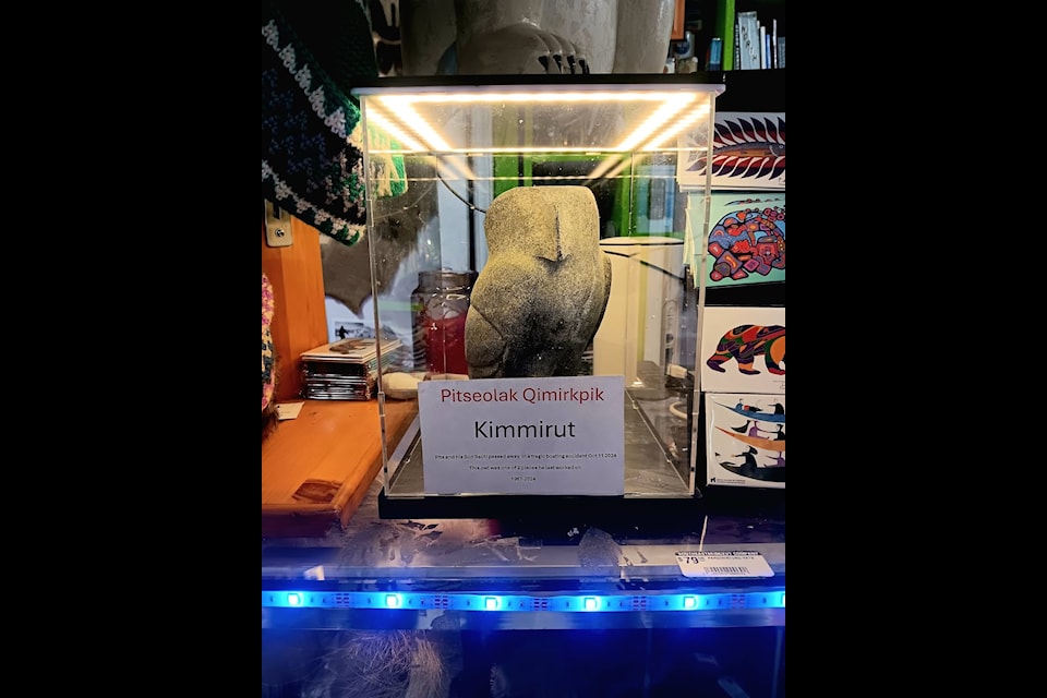 The last, unfinished carving of an owl by Pitseolak Qimirpik, now enshrined in the Northern Collectibles shop in Iqaluit.