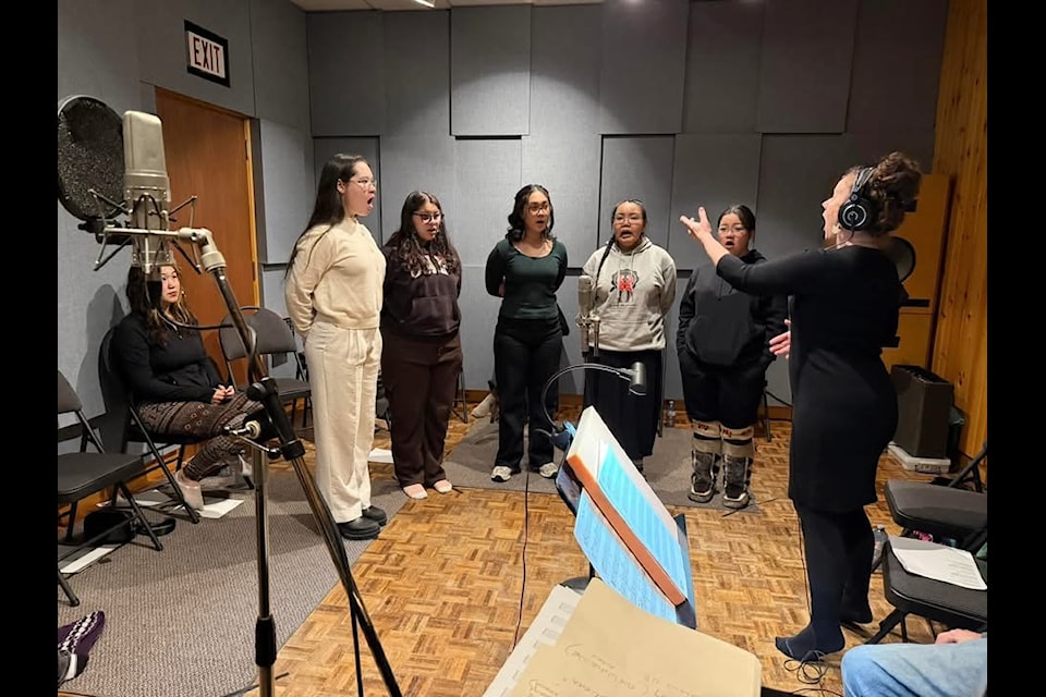 Mia Maurice, left, Aubrey Sheppard, Jaia Healey-Akearok, Taiga Las, Brianne Sulurayok record the voices of angels under the direction of Mary Piercey-Lewis in Toronto earlier this month. Photo courtesy of Mary Piercey-Lewis