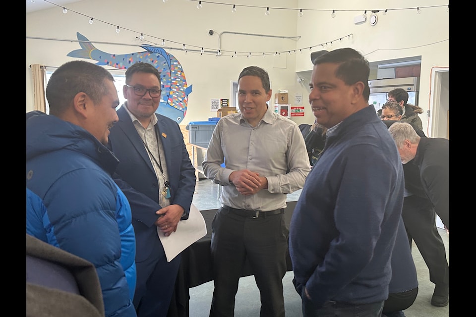 NTI president Jeremy Tunraluk, left, CanNor president Jimi Onalik, ITK president Natan Obed, and Gary Anandasangaree, Minister for Crown-Indigenous Relations and Northern Affairs, meet before the announcement in the Qajuqturvik Community Food Centre dining hall in Iqaluit on Feb. 5. Kira Wronska Dorward/NNSL photo