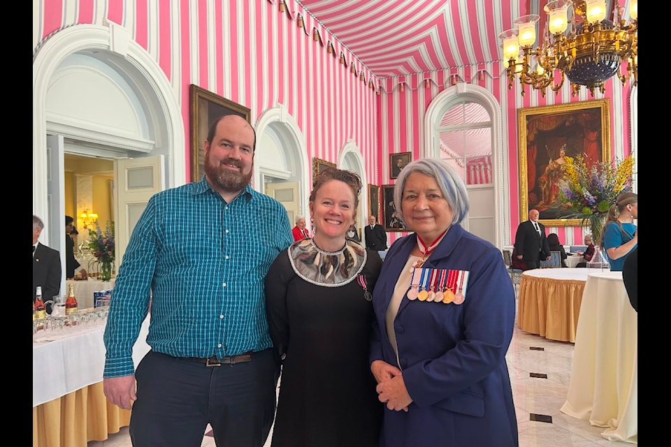 Mary Piercey-Lewis, centre, received the Charles III Coronation Medal from Governor General Mary Simon, right, in Ottawa on Feb. 20. With them is Chris Lewis, Piercey-Lewis' husband. Photo courtesy of Mary Piercey-Lewis