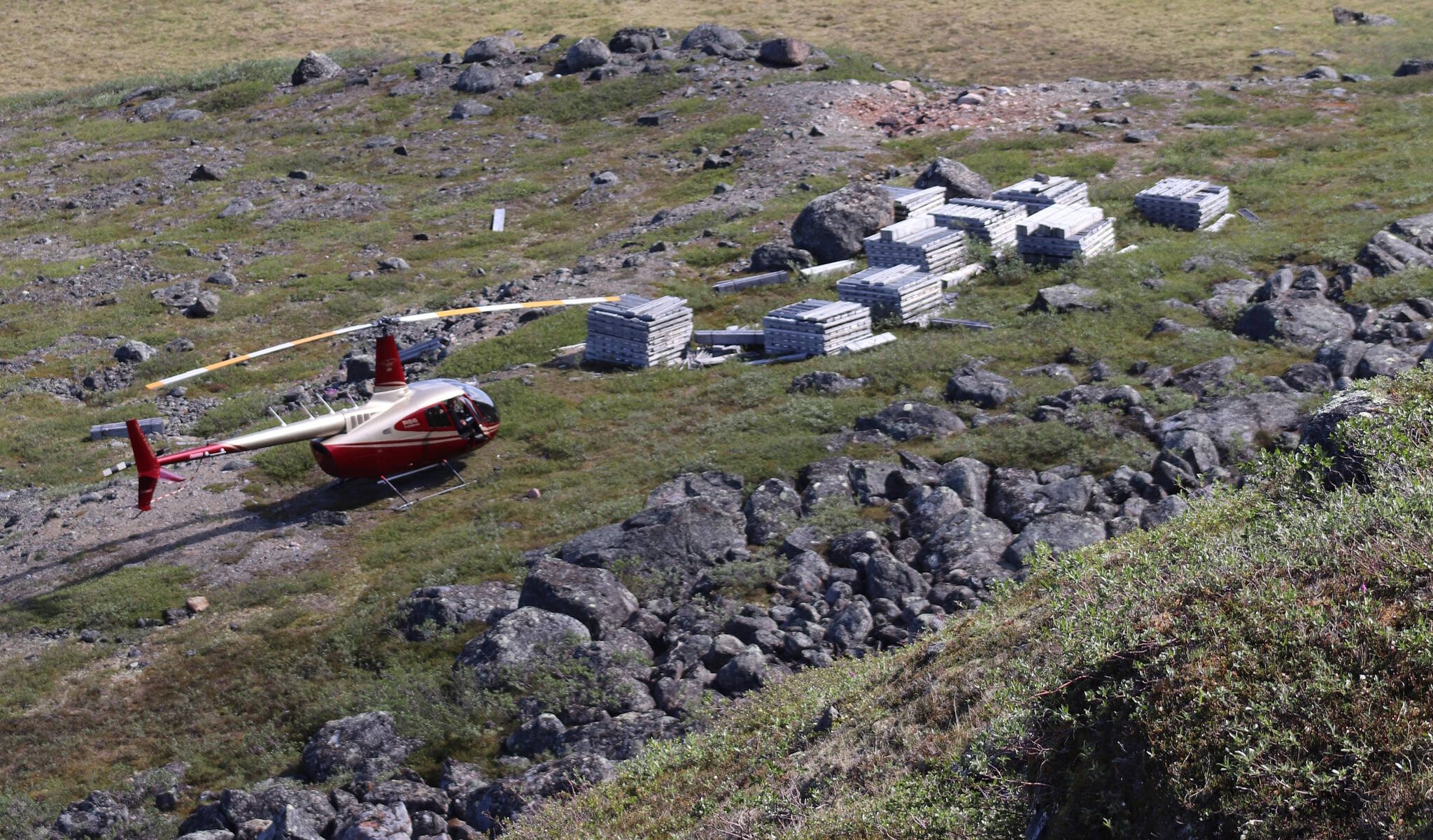 A helicopter with drill core from a Bathurst Metals Corp. exploration site in Nunavut during the summer of 2023. Photo courtesy of Bathurst Metals Corp.