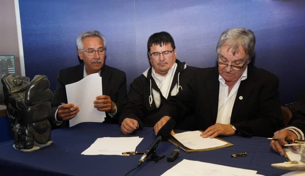 A First Air and Canadian North merger signing ceremony was held in Montreal on Friday. From left, Johnny Adams, chair of the First Air board; Duane Smith, president of the Inuvialuit Regional Corporation; and Charlie Watt, president of Makivik Corporation. Photo courtesy of Makivik Corporation photo courtesy of Makivik Corporation
