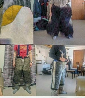 0309David Anavilok<br /> Sheila Tulurialik – submitted by common-law: David Anavilok<br /> Taloyoak<br /> Here is a picture of my stitched clothing my common-law made me. Pair of Muskox Pants/Caribou Pants/Seal Pants and Seal Mitts. Sewer is Sheila Tulurialik of Taloyoak, NU. All are natural tanned.