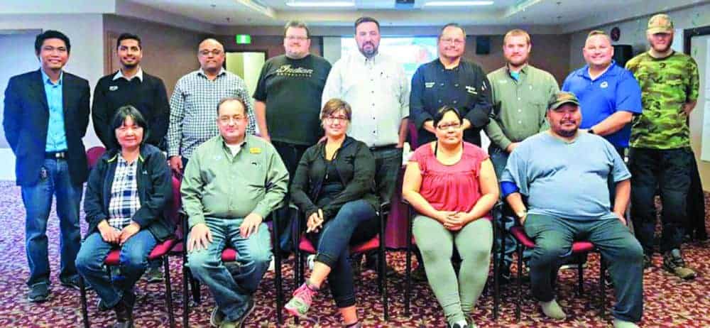 The Co-op supervisors participating in a two-day safety training course organized by Arctic Co-operatives are, back row from left, Jake Haganas (Rankin Inlet), Hasan Kapasi, (Kugaaruk), Reghuraj Ramachandran (Naujaat), Jamie Botelho (Toromont Arctic, Rankin Inlet), Matt Clark (Arctic Co-operatives Ltd., Iqaluit),  David Bond (Rankin Inlet), Jonathan Mowery (Rankin Inlet), Wes Mazur (instructor, Crane River OHS) and Benjamin Peever (Gjoa Haven) and front row from left, Ruth Kidlapik (Naujaat), Glenn Woodford (Rankin Inlet), Michelle McPhee (Arviat), Louissa Kukkiak (Chesterfield Inlet) and Louis Angotingoar (Naujaat) in Rankin Inlet on Sept. 27 and 28. Photo courtesy Kissarvik Co-op