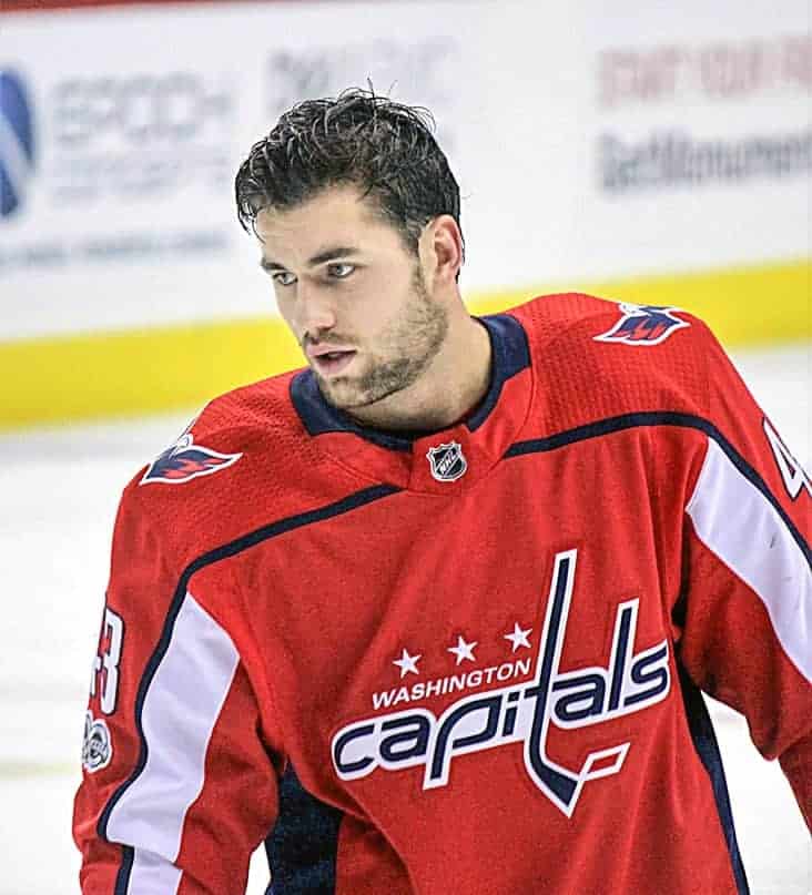 Tom Wilson of the Washington Capitals just can't seem to stay away from dangerous head shots while delivering hits. Looks like someone needs to go to the naughty corner of the press box for a while until he learns. Photo courtesy of Wikimedia Commons.