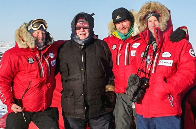 Tuugaalik High School Principal Aubrey Bolt, second from deft, with members of the Scottish Arctic Return Expedition team on the land near Naujaat in April of 2019. Photo courtesy Department of Education