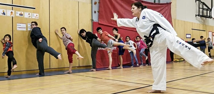 Instructor Joanne Peters puts her students through their paces during a gathering of the new taekwon-do club in Arviat on March 2, 2019. Photo courtesy Gord Billard