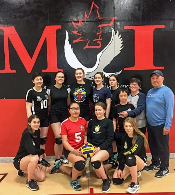 The Rankin Royals, back row from left, Alyson McKay, Kailee Karlik, Amber Graham, Shanti Dias, Tati Connelly-Clark, Sulurayok Mercer, Holly Mercer (coach) and Robert Kabvitok (coach), and front from left, Charlotte Siksik, Sanisha Nakoolak, Parker Faulkner and Maxine Ronald are preparing for their final Nunavut junior volleyball territorial this coming month with Kabvitok and Mercer holding the coaching reigns. Missing from photo is Elinor Mercer. Photo courtesy of Holly Mercer
