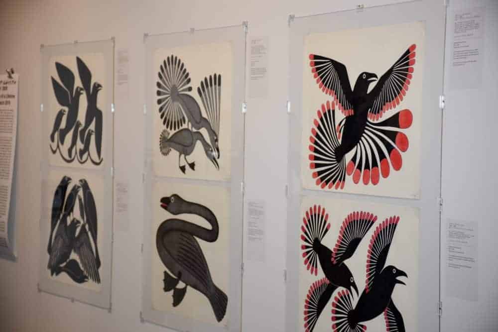 Original drawings by iconic Cape Dorset artist Kenojuak Ashevak are displayed on the wall at the new arts centre named in her honour. These drawings had been kept in the West Baffin Eskimo Co-operative archives. 