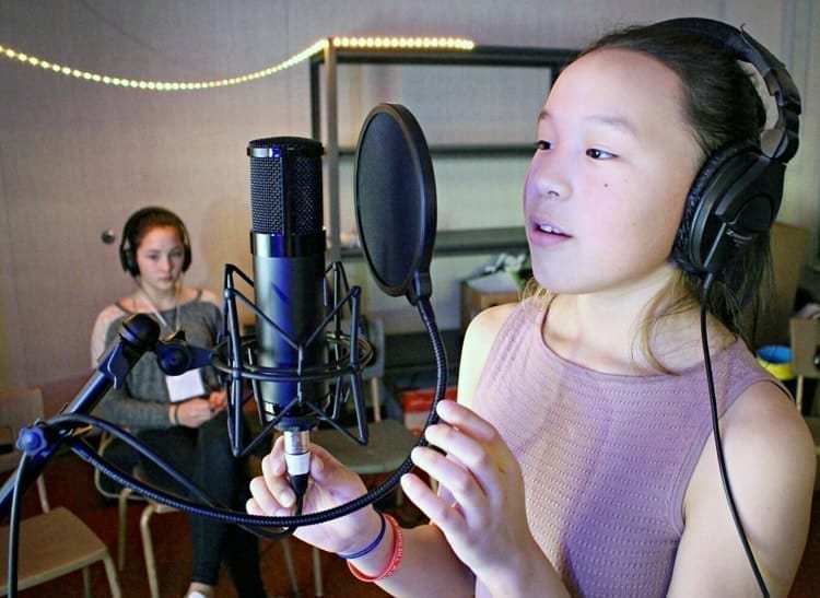 Mia Autut lays down a vocal track to one of the songs produced by a group of students and the Darkspark team in Rankin Inlet on Dec. 1, 2018. Photo courtesy Darkspot