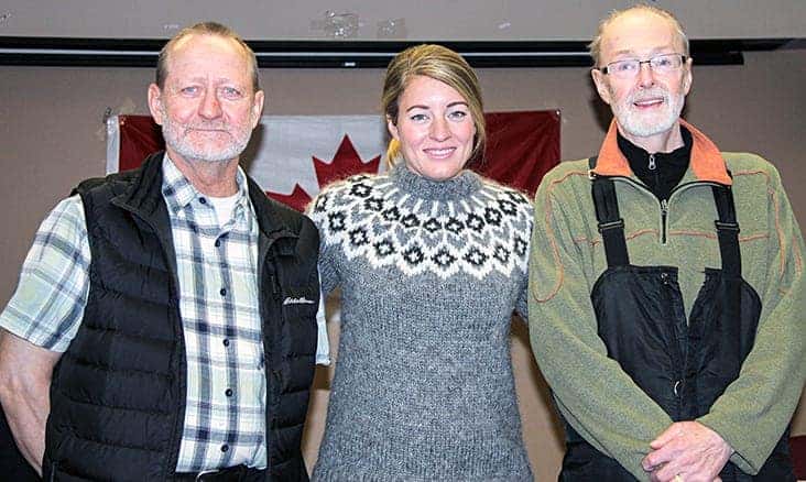 Federal Tourism Minister Mélanie Joly joins local Co-op director Steve Fredlund, left, and Mayor Robert Janes during a press conference to announce CanNor funding to three Kivalliq communities in Rankin Inlet on Nov. 15, 2018. Darrell Greer/NNSL photo