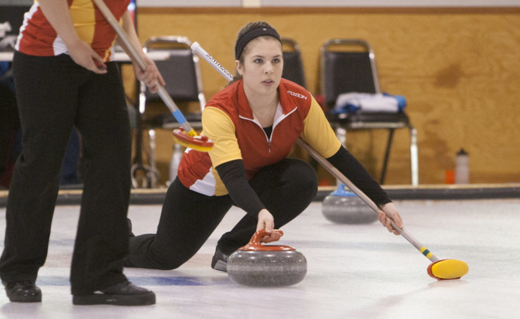 Sadie Pinksen of Iqaluit delivers a rock during girls curling action at the 2018 Arctic Winter Games in Fort Smith, NWT. The 2022 edition of the AWG was set to happen in Wood Buffalo, Alta., in March 2022 but the dates have been re-scheduled to early 2023.