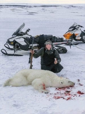 2204Jenny Klengenberg.jpg Jenny Klengenberg Kugluktuk This guy has got to be the luckiest hunter alive! Billy McWilliam was just heading out to start his journey hundreds of miles away from Kugluktuk to try and catch his first polar bear BUT Mother Nature had other plans in mind! He was five minutes away from our house and he runs into this beautiful creature!