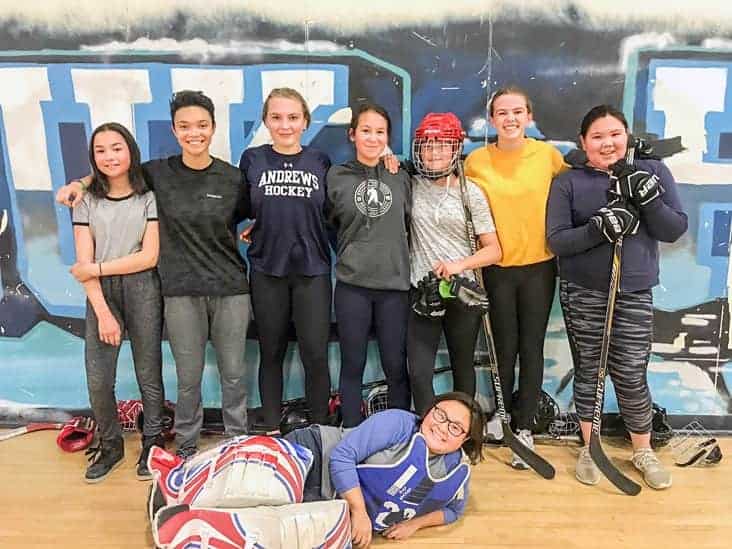 Some of the major female division girls are all smiles after taking part in the World Girls Hockey Weekend event in Iqaluit on Oct. 6. In front is Laisa Kilabuk; in back from left, Tasiana Shirley, Pauline Comeau, Madison Ahle-Savikataaq, Maiya Nadrowski, Taila Armstrong, Cassidy Devereau and Annika Akulujuk. Photo courtesy of Amy Savikataaq.